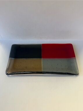 Hand Made Fused Glass Rectangular Trinket Tray Collect-all Plate Table Decor.